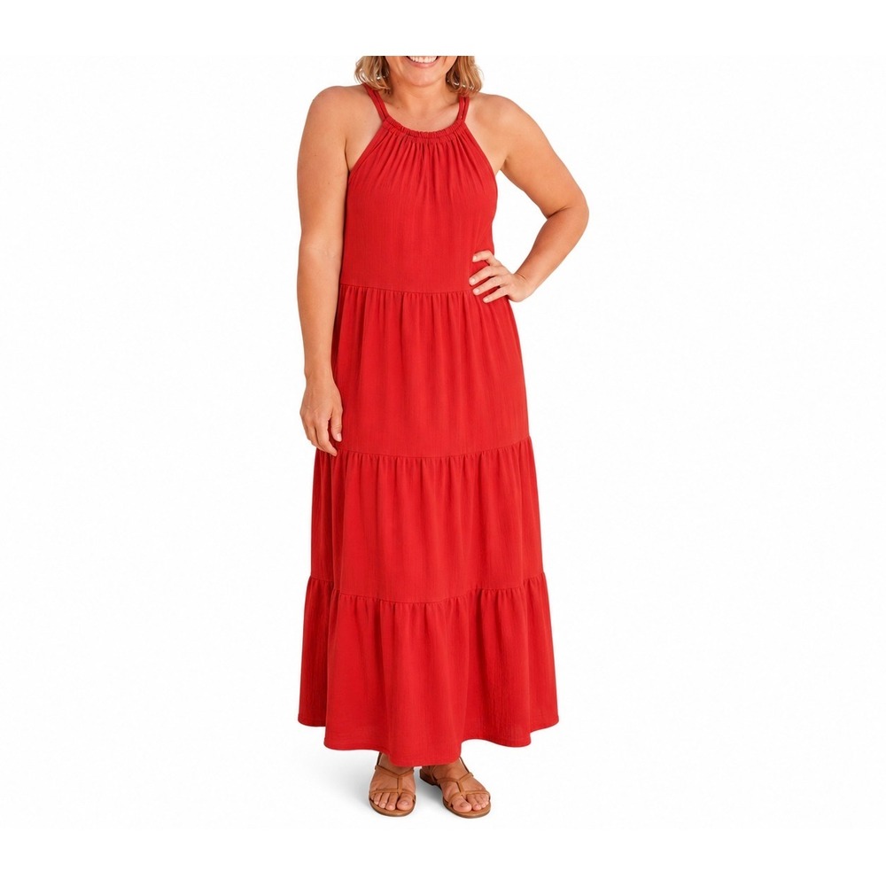 Max Studio Orange Reverse Halter Women Tiered Maxi Dress - Large